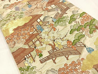 平和屋着物◎六通柄袋帯　唐織　人物風景文　金糸　正絹　逸品　AABN1808bw