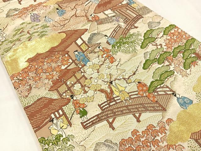 平和屋着物◎六通柄袋帯　唐織　人物風景文　金糸　正絹　逸品　AABN1808bw
