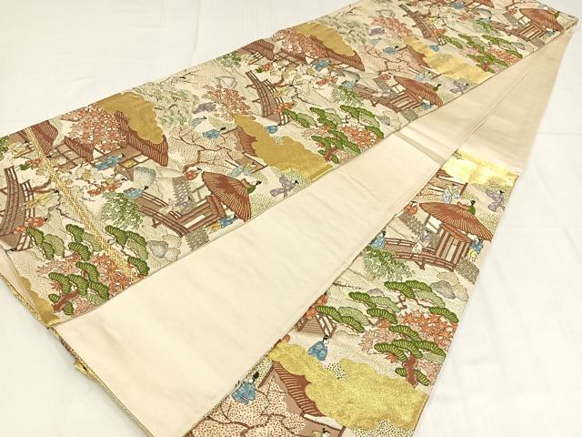 平和屋着物◎六通柄袋帯　唐織　人物風景文　金糸　正絹　逸品　AABN1808bw