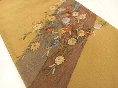 平和屋着物◎太鼓柄袋帯　すくい織　草花文　金糸　正絹　逸品　AABN1809bw