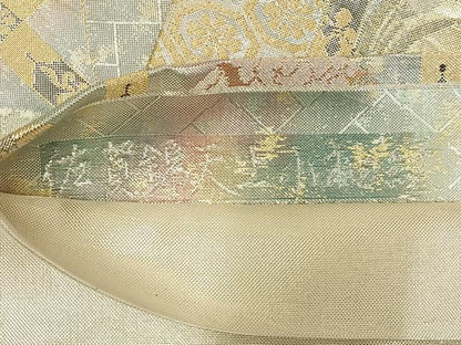平和屋着物◎六通柄袋帯　格子花文　佐賀錦天上小袖紋　引箔　金銀糸　正絹　逸品　AABN1811bw