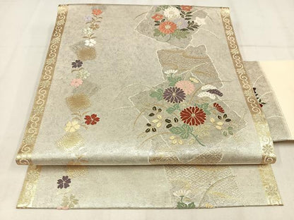 平和屋着物◎九寸名古屋帯　唐織　小袖金彩錦　草花文　金銀糸　正絹　逸品　AABN1812bw