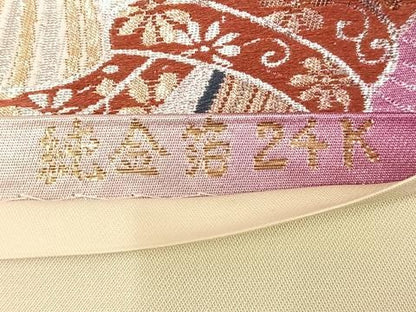 平和屋着物◎六通柄袋帯　唐織　飛鶴文　純金箔24K　正絹　逸品　AABN1813bw