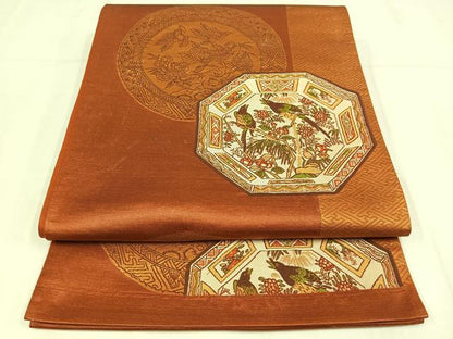 平和屋着物◎西陣　六通柄袋帯　花鳥絵皿文　金糸　正絹　逸品　AABN1816bw