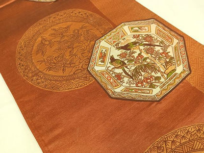 平和屋着物◎西陣　六通柄袋帯　花鳥絵皿文　金糸　正絹　逸品　AABN1816bw