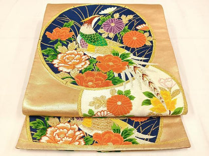 平和屋着物◎六通柄袋帯　唐織　花鳥丸文　金糸　正絹　逸品　AABN1817bw