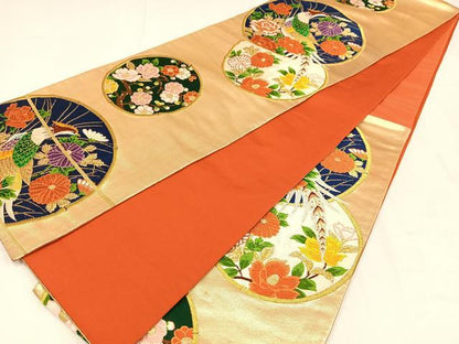 平和屋着物◎六通柄袋帯　唐織　花鳥丸文　金糸　正絹　逸品　AABN1817bw