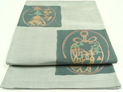 平和屋着物◎六通柄袋帯　紬地　茶香美　仕覆花丸文　正絹　逸品　AABN1924bw