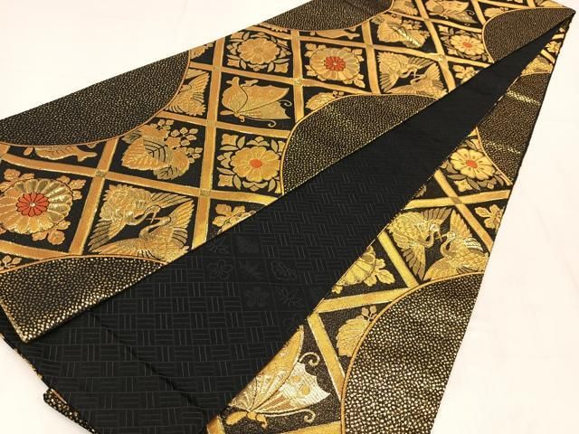 平和屋着物◎全通柄袋帯　花蝶文　黒地　金糸　AABN1926bw
