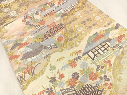 平和屋着物◎六通柄袋帯　唐織　風景文　金糸　正絹　逸品　AABN1931bw