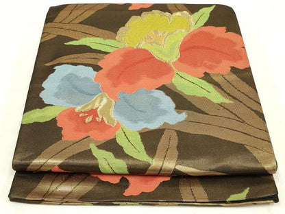 平和屋着物◎六通柄袋帯　草花文　金糸　正絹　逸品　AABN2161ou