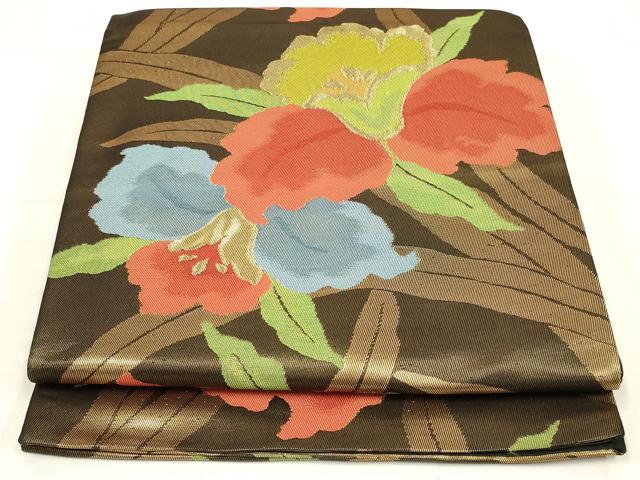 平和屋着物◎六通柄袋帯　草花文　金糸　正絹　逸品　AABN2161ou