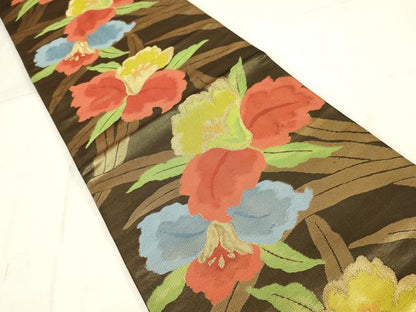平和屋着物◎六通柄袋帯　草花文　金糸　正絹　逸品　AABN2161ou