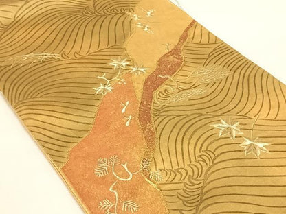 平和屋着物◎太鼓柄袋帯　駒刺繍　立波松文　金糸　引箔　正絹　逸品　AABN2203dk