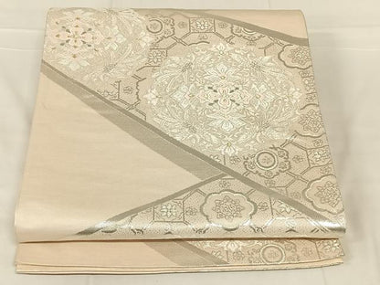 平和屋着物◎六通柄袋帯　唐織　更紗花丸文　銀糸　正絹　逸品　AABN2220dk