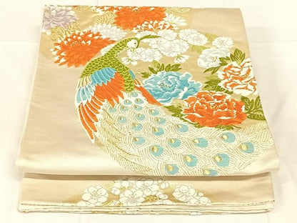 平和屋着物◎六通柄袋帯　唐織　孔雀花丸文　金糸　正絹　逸品　AABN2222dk
