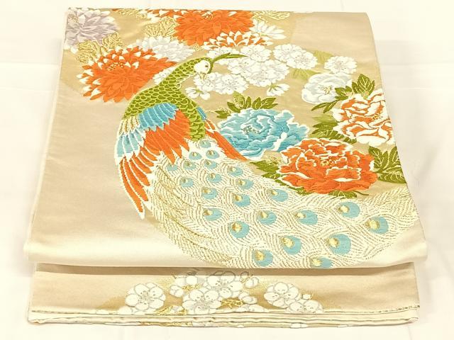 平和屋着物◎六通柄袋帯　唐織　孔雀花丸文　金糸　正絹　逸品　AABN2222dk