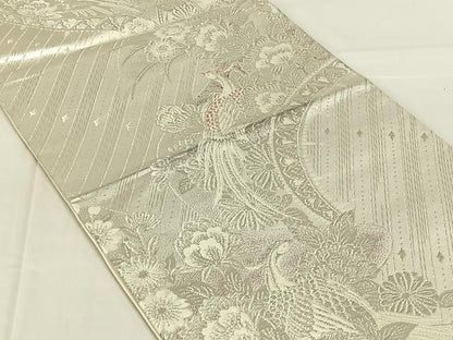 平和屋着物◎六通柄袋帯　更紗孔雀文　銀糸　正絹　逸品　AABN2223dk