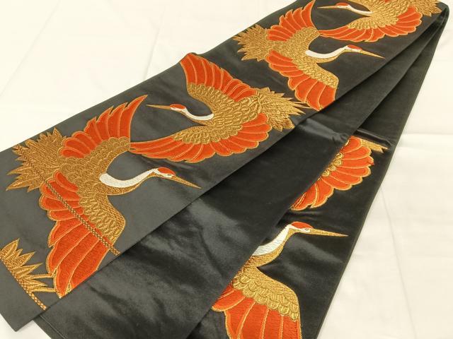 平和屋着物◎六通柄袋帯　唐織　飛鶴文　黒地　金糸　正絹　逸品　AABN2228dk