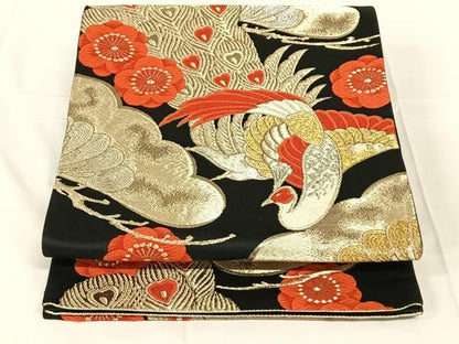 平和屋着物◎六通柄袋帯　孔雀花文　黒地　金銀糸　正絹　逸品　AABN2230dk