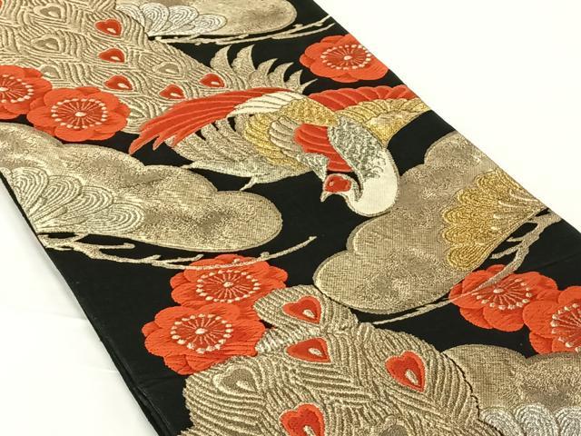 平和屋着物◎六通柄袋帯　孔雀花文　黒地　金銀糸　正絹　逸品　AABN2230dk