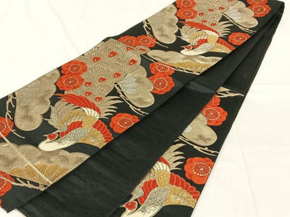 平和屋着物◎六通柄袋帯　孔雀花文　黒地　金銀糸　正絹　逸品　AABN2230dk