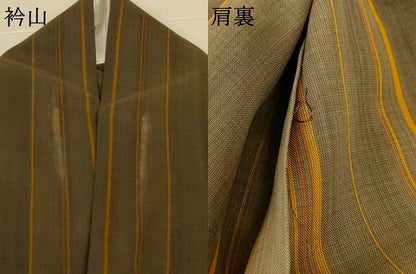 平和屋着物＊夏物　本場黄八丈　夏黄八　紗紬　伝統工芸士　西條吉広　縞　証紙付き　正絹　逸品　AABN2262jd