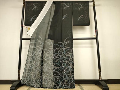 平和屋着物＊夏物　訪問着　絽　草花文　黒地　洗える着物　AABN2395jd