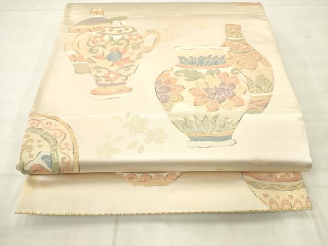 平和屋着物◎六通柄袋帯　陶器文　金糸　正絹　逸品　AABN2414ps