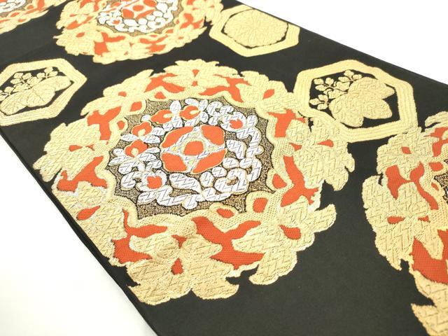 平和屋着物◎西陣　服部織物謹製　六通柄袋帯　花丸文　黒地　金銀糸　AABN2416ps