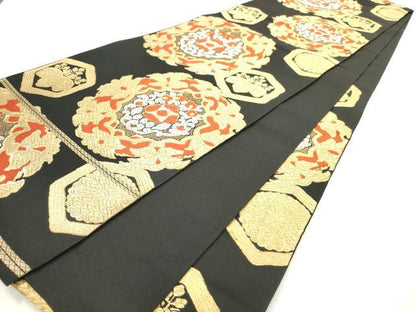平和屋着物◎西陣　服部織物謹製　六通柄袋帯　花丸文　黒地　金銀糸　AABN2416ps