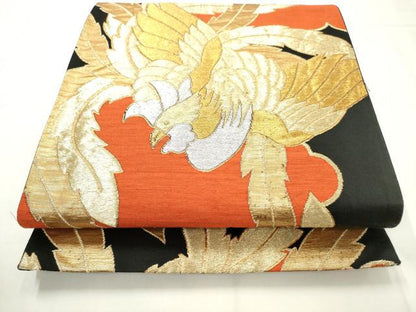 平和屋着物◎六通柄袋帯　鳳凰　黒地　金銀糸　正絹　逸品　AABN2417ps