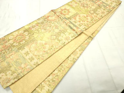 平和屋着物◎佐賀錦　六通柄袋帯　幾何学花文　金糸　正絹　逸品　AABN2422ps