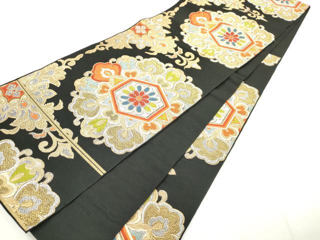 平和屋着物◎六通柄　京袋帯　唐織　正倉院花文　黒地　金銀糸　正絹　逸品　AABN2425ps