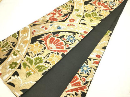 平和屋着物◎六通柄袋帯　唐織　更紗花文　黒地　金銀糸　正絹　逸品　AABN2446ps
