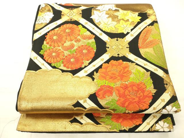 平和屋着物◎六通柄袋帯　唐織　天井花文　黒地　金糸　正絹　逸品　AABN2451ps