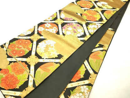 平和屋着物◎六通柄袋帯　唐織　天井花文　黒地　金糸　正絹　逸品　AABN2451ps