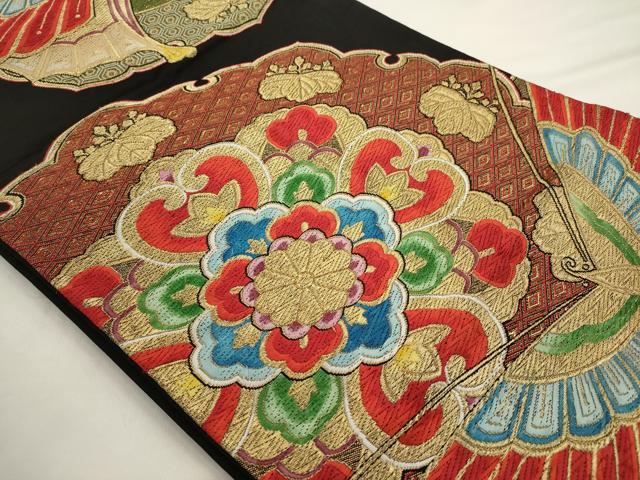 平和屋着物◎六通柄袋帯　唐織　花蝶文　黒地　金糸　正絹　逸品　AABN2482ps