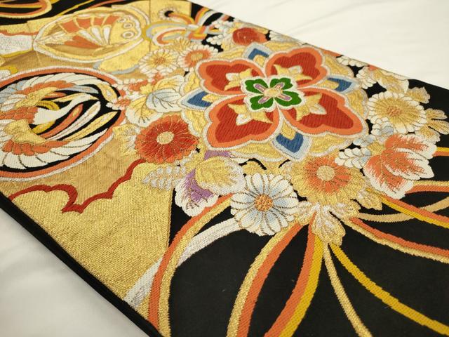 平和屋着物◎六通柄袋帯　唐織　鳳凰花文　黒地　金銀糸　正絹　逸品　AABN2490ps