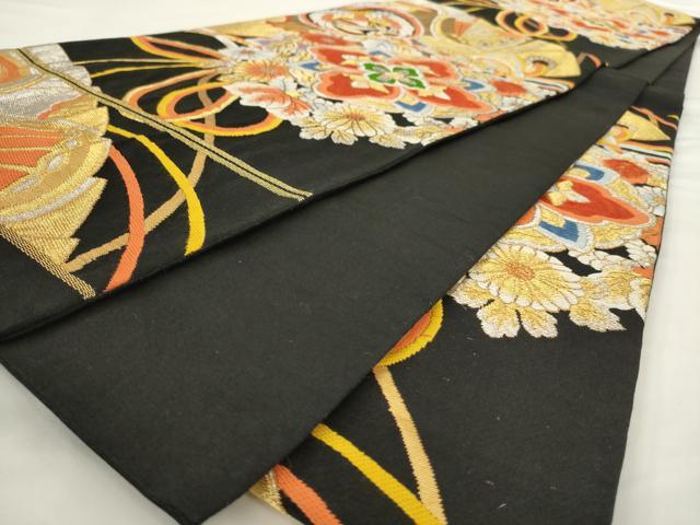 平和屋着物◎六通柄袋帯　唐織　鳳凰花文　黒地　金銀糸　正絹　逸品　AABN2490ps