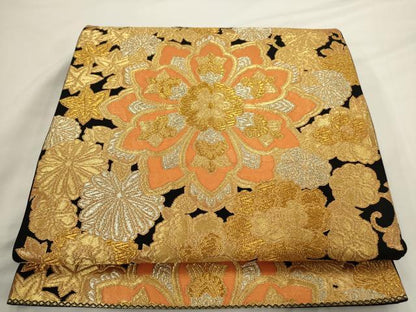 平和屋着物◎六通柄袋帯　更紗花文　黒地　金銀糸　正絹　逸品　AABN2495ps