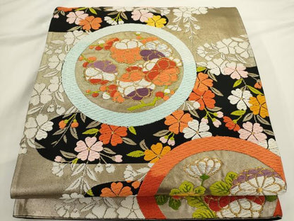 平和屋着物◎六通柄袋帯　唐織　花丸文　黒地　金銀糸　正絹　逸品　AABN2515ps