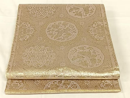 平和屋着物◎佐賀錦　全通柄袋帯　花鳥文　舞蝶　金糸　正絹　逸品　AABN2526dk