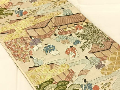 平和屋着物◎六通柄袋帯　唐織　人物風景文　金糸　正絹　逸品　AABN2529dk