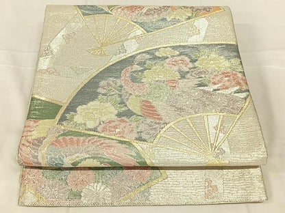 平和屋着物◎900織特選佐賀錦　六通柄袋帯　扇面花鳥文　金銀糸　正絹　逸品　AABN2534dk