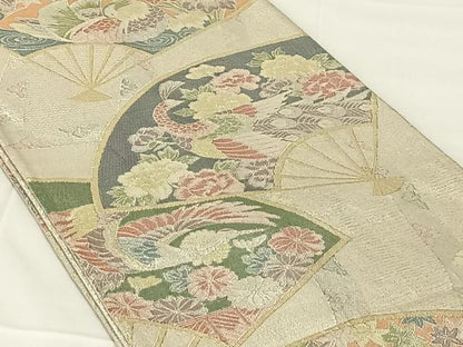 平和屋着物◎900織特選佐賀錦　六通柄袋帯　扇面花鳥文　金銀糸　正絹　逸品　AABN2534dk