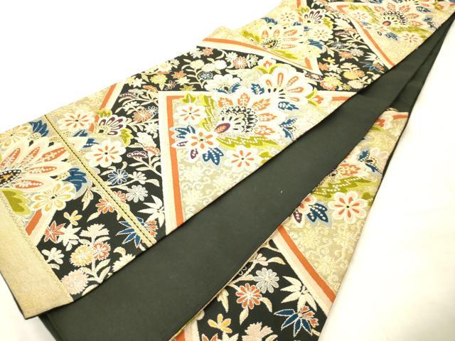 平和屋着物◎六通柄袋帯　更紗花文　黒地　金銀糸　正絹　逸品　AABN2567ps
