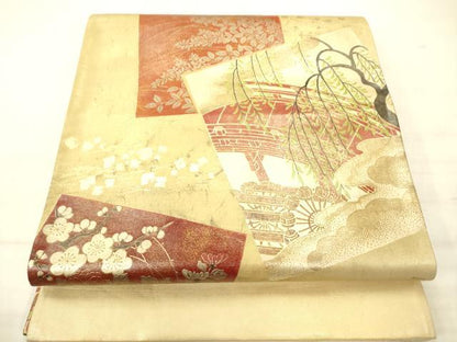 平和屋着物◎太鼓柄袋帯　色紙重ね花文　金彩　正絹　逸品　AABN2570ps