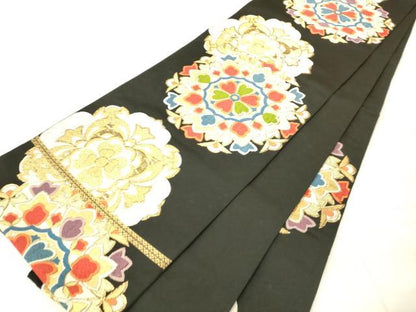 平和屋着物◎六通柄袋帯　唐織　正倉院花文　黒地　金銀糸　正絹　逸品　AABN2571ps