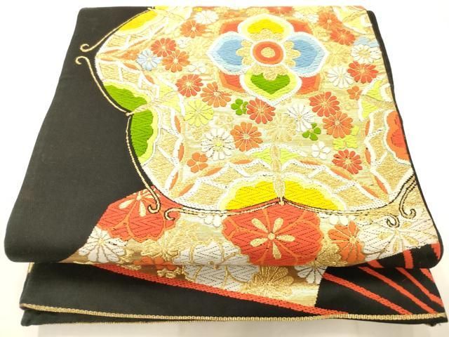 平和屋着物◎六通柄袋帯　唐織　扇花文　黒地　金糸　正絹　逸品　AABN2581ps